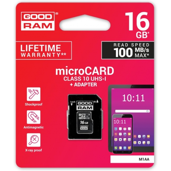 GOODRAM MicroSD M1AA (SecureDigital) 16GB SDHC Class 10, UHS-I + adapter