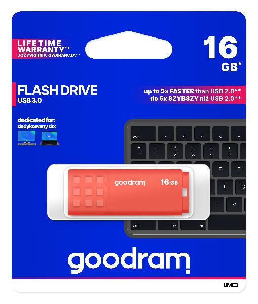 GOODRAM USB3.0 Flash Drive, 16 GB, UME3, USB A connector, Orange, 60/20 MB/s (USB3/2/1.1 comp)