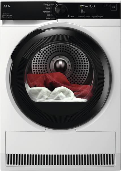 AEG Warmtepompdroger TR7ROSTOCK - wit - 9 kg CareDrum Display Programmaverloop weergave PreciseDry-Technologie Opfrissen Anti kreuk Sport Wol LED trommelverlichting Energieklasse C breedte: 59,6 cm hoogte: 85 cm diepte: 63,8 cm